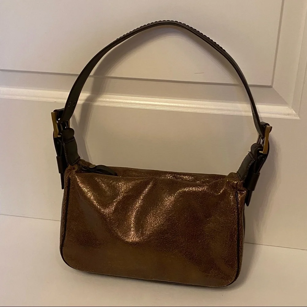 DONALD J. PLINER BAG SHOULDER BRONZE GOLD TEXTURED DARK BROWN LEATHER ZIP TOP